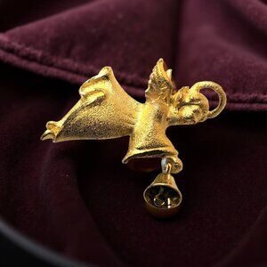 Vintage Robyn Rush Brushed Gold-Tone Angel Brooch Pin With Bell